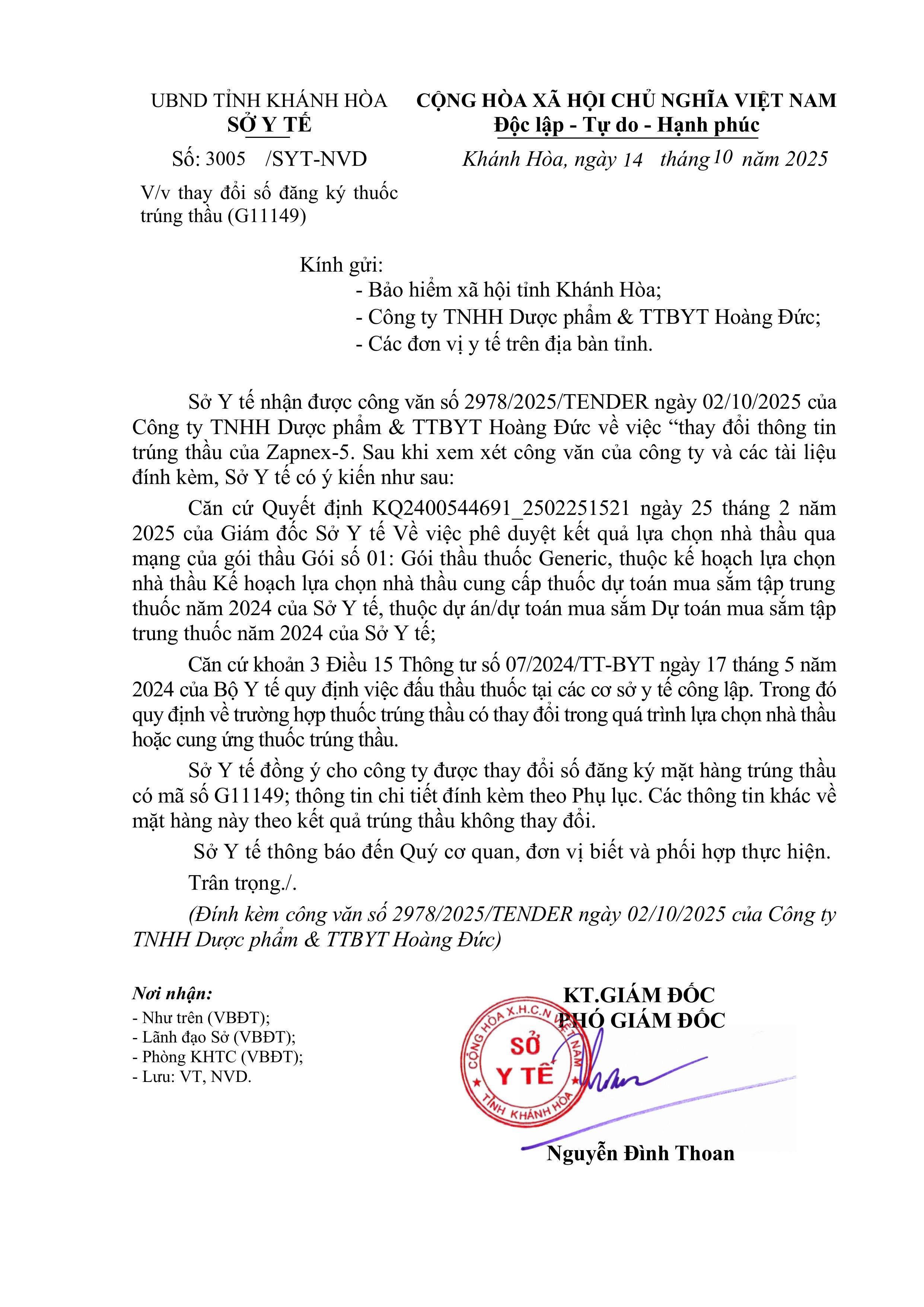 V/v thay đổi số đăng ký thuốc trúng thầu (G11149)